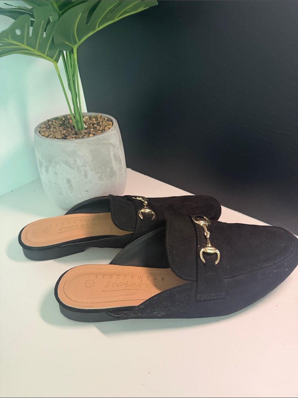 Streetwear Society Black Suede Backless Mule Loafers with Gold Buckle